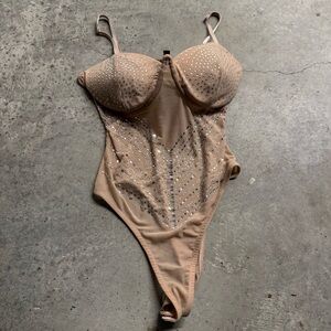 Kaylee Women's Tan Sheer Mesh Rhinestone  Bodysuit Size S Going Out Party Glam